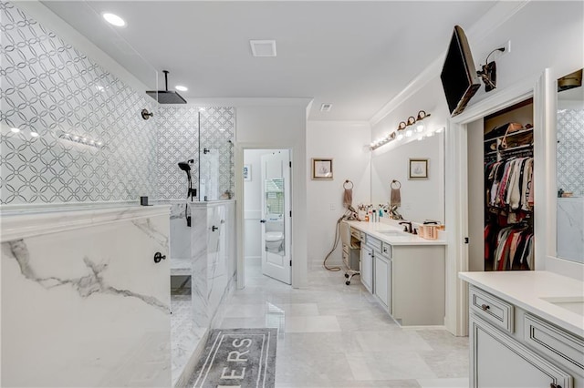 4578 Big Rock Ridge Trl, Gainesville, GA 30504 - full bathroom featuring two vanities, a walk in shower, and crown molding