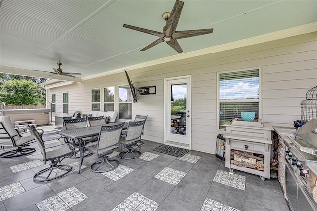 4578 Big Rock Ridge Trl, Gainesville, GA 30504 - view of patio / terrace with a ceiling fan, outdoor dining space, and a hot tub