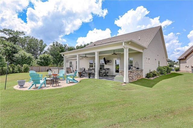 4578 Big Rock Ridge Trl, Gainesville, GA 30504 - back of property with a fire pit, a ceiling fan, a patio, and stone siding