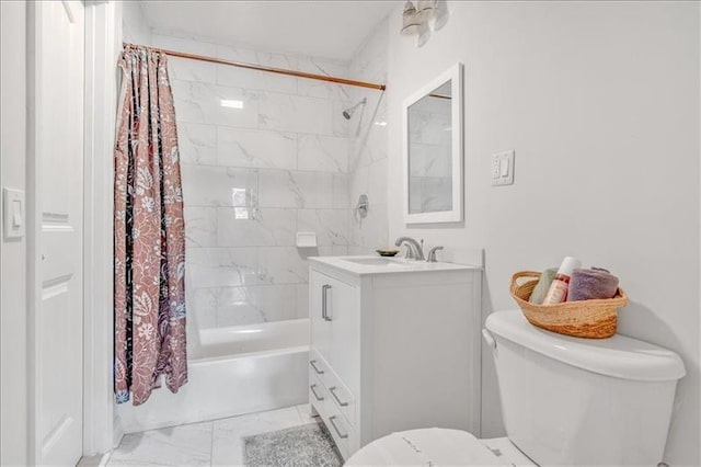 bathroom featuring toilet, vanity, and shower / bath combination with curtain