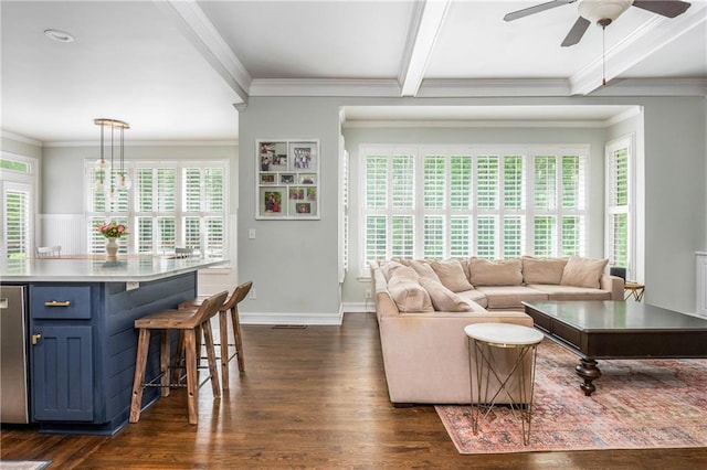 living room with dark wood-style floors, healthy amount of natural light, beam ceiling, ceiling fan, and crown molding