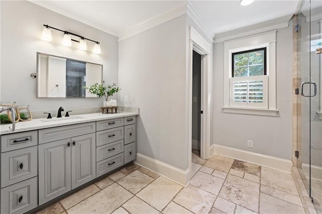 bathroom featuring vanity, ornamental molding, and an enclosed shower