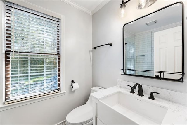 bathroom with toilet, vanity, and crown molding