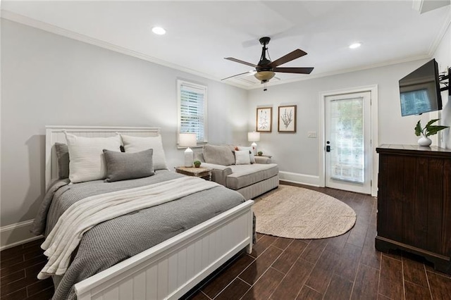 bedroom with ceiling fan, ornamental molding, and access to outside