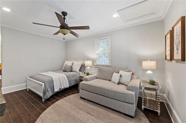 bedroom featuring ceiling fan and crown molding