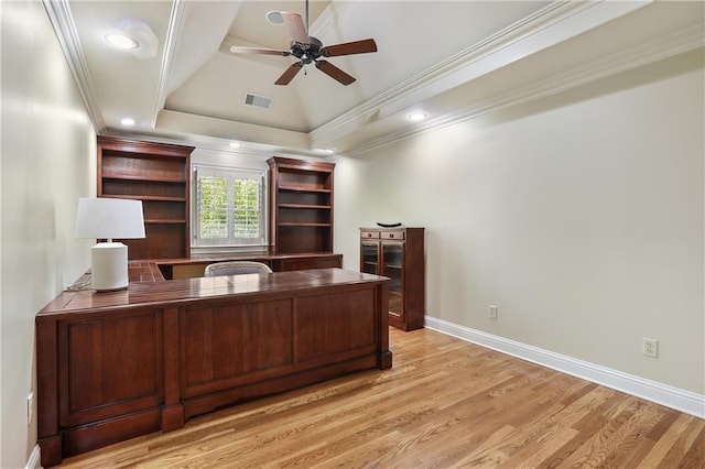 office area with crown molding, ceiling fan, light wood-style flooring, baseboards, and visible vents