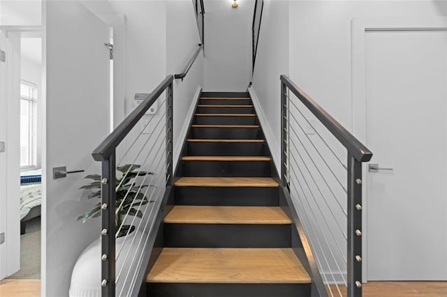 staircase featuring wood-type flooring