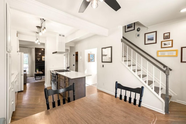 dining area with stairway, baseboards, dark wood-type flooring, and a fireplace