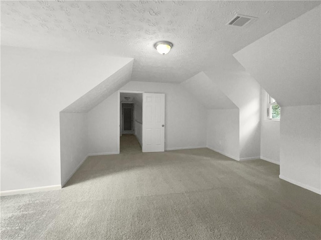 additional living space featuring lofted ceiling, carpet floors, and a textured ceiling