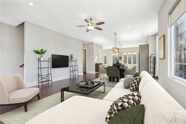264 Castleberry Station Dr SW, Atlanta, GA 30313 - living room featuring baseboards, wood finished floors, a ceiling fan, and recessed lighting