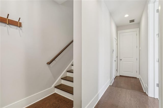 264 Castleberry Station Dr SW, Atlanta, GA 30313 - stairway with baseboards, visible vents, wood finished floors, and recessed lighting