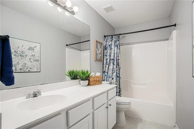 full bathroom featuring toilet, visible vents, shower / bathtub combination with curtain, and vanity