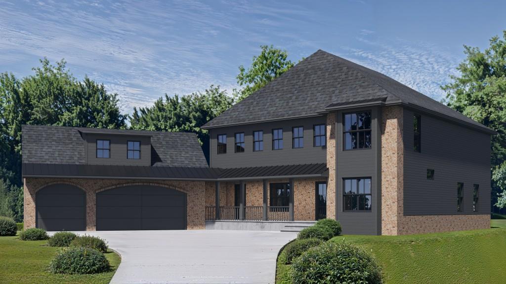 view of front of property with brick siding, an attached garage, a porch, and a front lawn