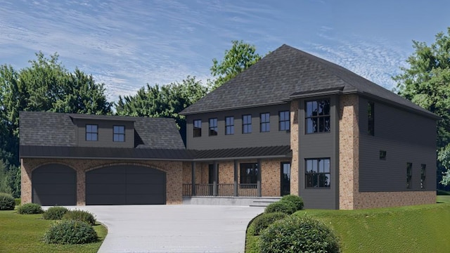 view of front of property with brick siding, an attached garage, a porch, and a front lawn