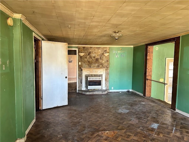 405 Magnolia St, La Fayette, GA 30728 - unfurnished living room featuring a fireplace, baseboards, and crown molding
