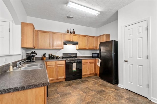 2826 Snapfinger Mnr, Decatur, GA 30035 - kitchen featuring visible vents, dark countertops, under cabinet range hood, a sink, and black appliances