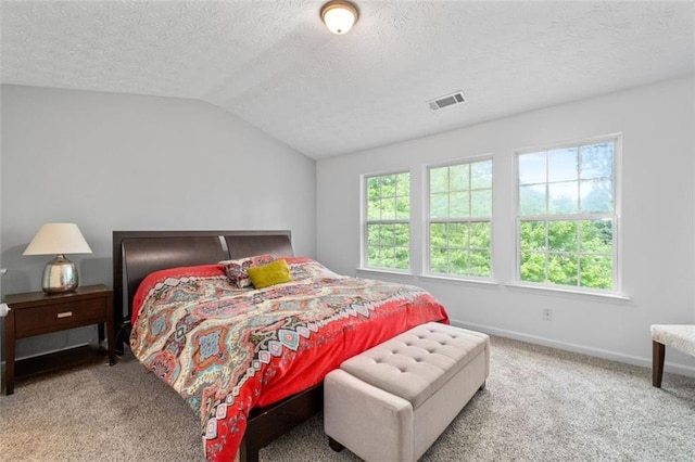 2826 Snapfinger Mnr, Decatur, GA 30035 - carpeted bedroom featuring a textured ceiling, baseboards, visible vents, and lofted ceiling