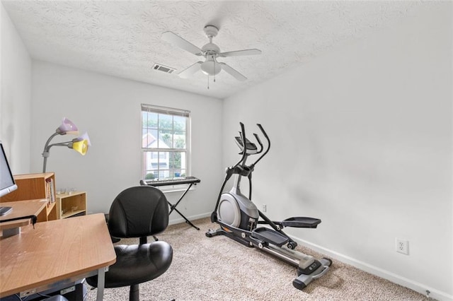 2826 Snapfinger Mnr, Decatur, GA 30035 - exercise room featuring visible vents, carpet floors, baseboards, a textured ceiling, and a ceiling fan