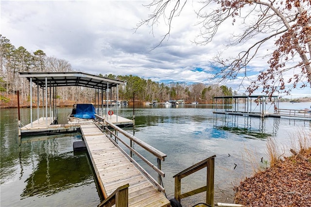 view of dock with a water view