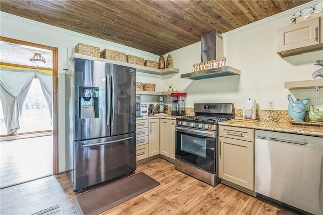 kitchen with open shelves, appliances with stainless steel finishes, ornamental molding, and wall chimney exhaust hood