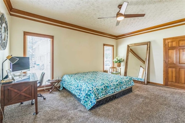 bedroom with crown molding, multiple windows, and carpet flooring