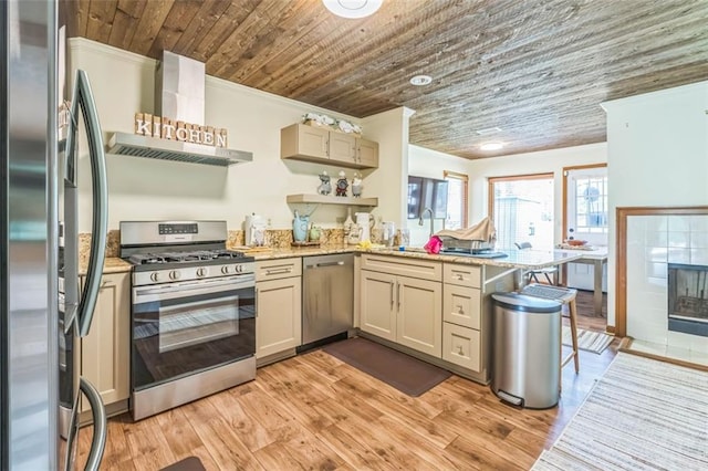kitchen with wall chimney range hood, appliances with stainless steel finishes, a peninsula, light wood-type flooring, and ornamental molding