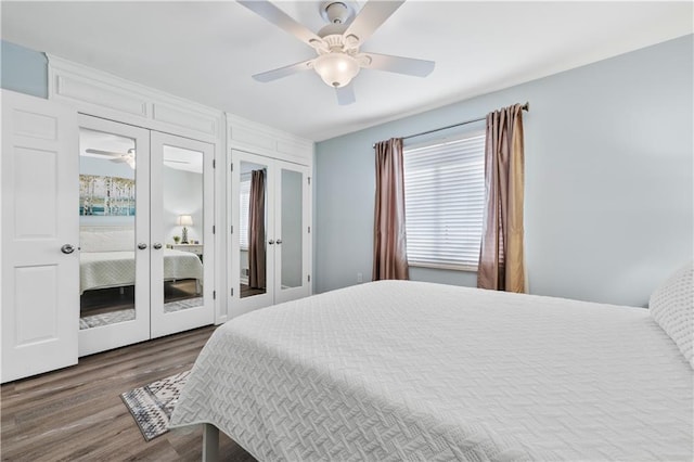 bedroom with wood finished floors, french doors, and a ceiling fan