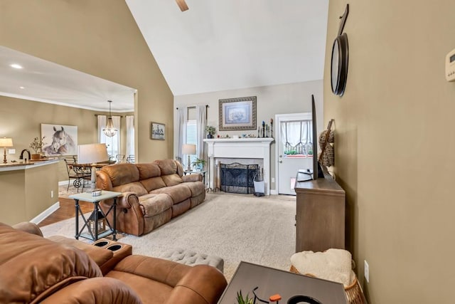 3125 Flatbottom Dr, Dacula, GA 30019 - living area featuring a fireplace, baseboards, ceiling fan, high vaulted ceiling, and recessed lighting