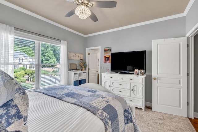 3125 Flatbottom Dr, Dacula, GA 30019 - bedroom featuring crown molding, light carpet, and a ceiling fan