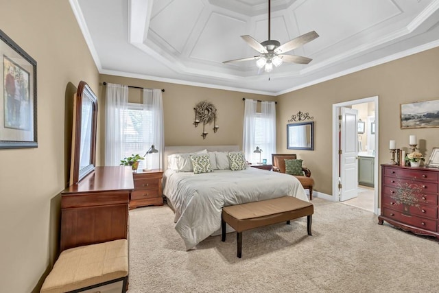 3125 Flatbottom Dr, Dacula, GA 30019 - bedroom with crown molding, ceiling fan, ensuite bathroom, and light colored carpet
