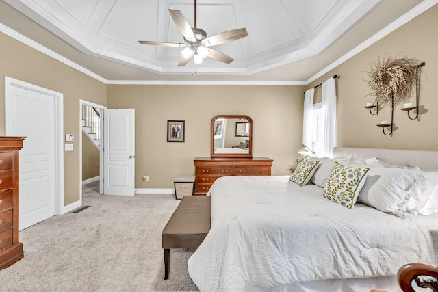 3125 Flatbottom Dr, Dacula, GA 30019 - bedroom with a ceiling fan, light colored carpet, baseboards, ornamental molding, and a tray ceiling