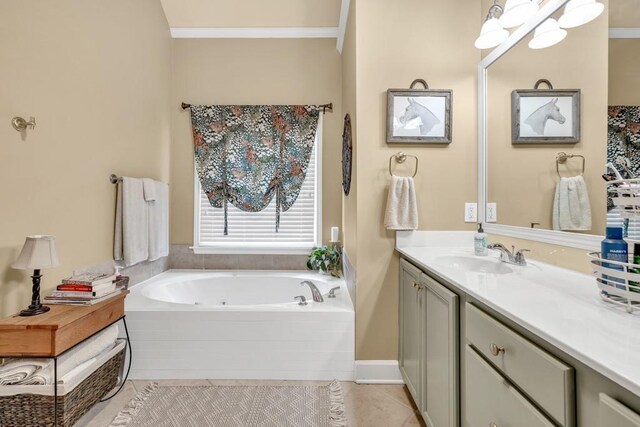 3125 Flatbottom Dr, Dacula, GA 30019 - bathroom with vanity, tile patterned flooring, and a garden tub