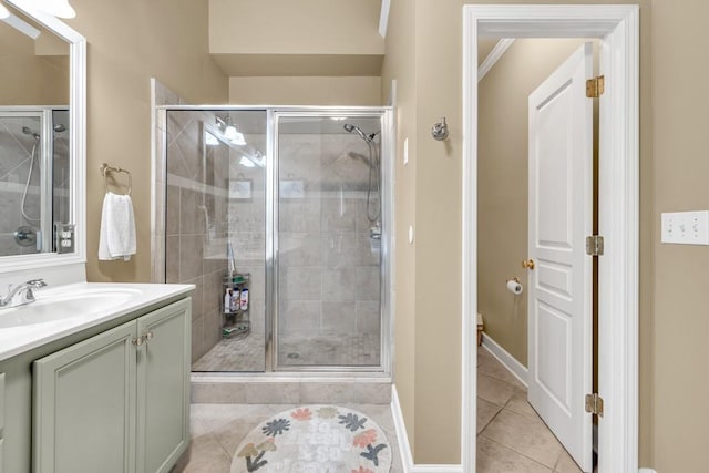 3125 Flatbottom Dr, Dacula, GA 30019 - bathroom featuring a shower stall, tile patterned flooring, and vanity