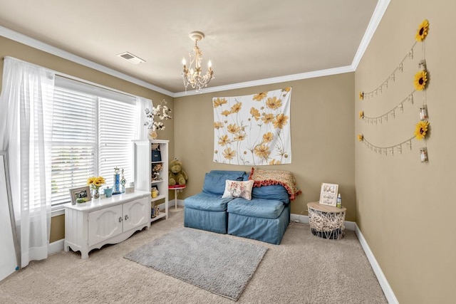 3125 Flatbottom Dr, Dacula, GA 30019 - sitting room featuring crown molding, an inviting chandelier, light carpet, and visible vents