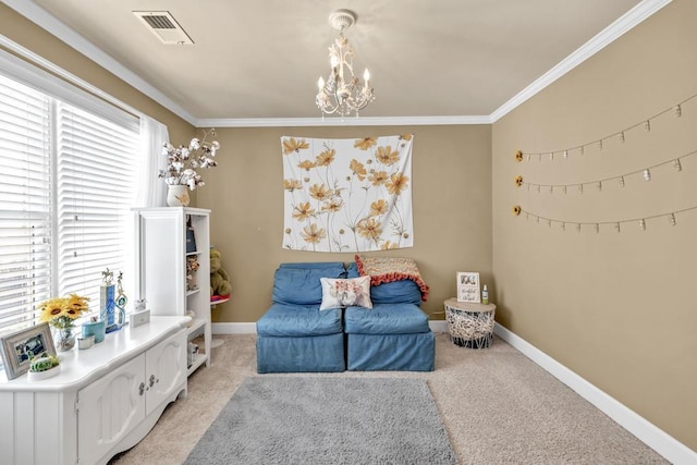 3125 Flatbottom Dr, Dacula, GA 30019 - sitting room with crown molding, light colored carpet, a chandelier, baseboards, and visible vents