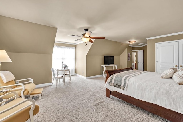 3125 Flatbottom Dr, Dacula, GA 30019 - bedroom featuring ceiling fan, crown molding, baseboards, lofted ceiling, and carpet