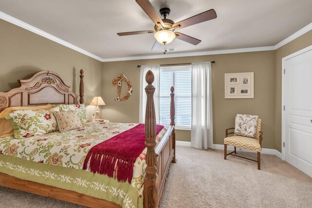 3125 Flatbottom Dr, Dacula, GA 30019 - bedroom with baseboards, ornamental molding, light carpet, and ceiling fan