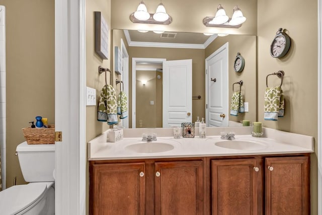 3125 Flatbottom Dr, Dacula, GA 30019 - bathroom featuring a sink, ornamental molding, double vanity, and visible vents