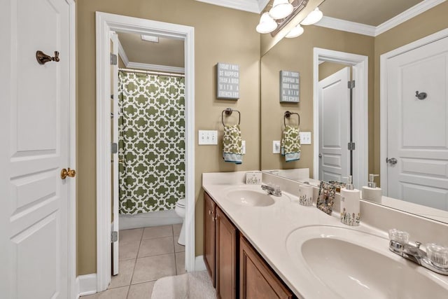 3125 Flatbottom Dr, Dacula, GA 30019 - full bathroom with double vanity, a sink, tile patterned floors, and ornamental molding