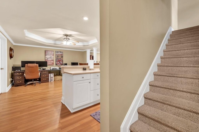 3125 Flatbottom Dr, Dacula, GA 30019 - stairway featuring ceiling fan, a tray ceiling, and wood finished floors
