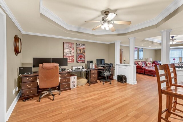 3125 Flatbottom Dr, Dacula, GA 30019 - office space featuring a tray ceiling, decorative columns, and light wood finished floors