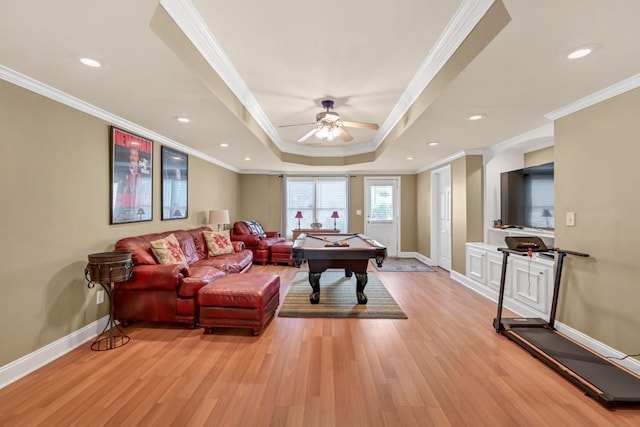 3125 Flatbottom Dr, Dacula, GA 30019 - game room featuring pool table, ornamental molding, light wood-style flooring, and a raised ceiling