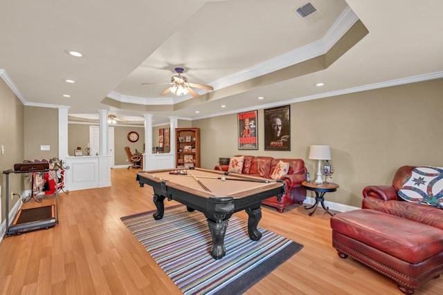 3125 Flatbottom Dr, Dacula, GA 30019 - playroom featuring ornamental molding, a raised ceiling, light wood finished floors, and decorative columns