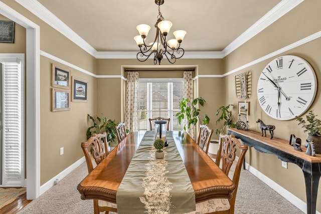3125 Flatbottom Dr, Dacula, GA 30019 - carpeted dining space featuring an inviting chandelier, baseboards, and ornamental molding
