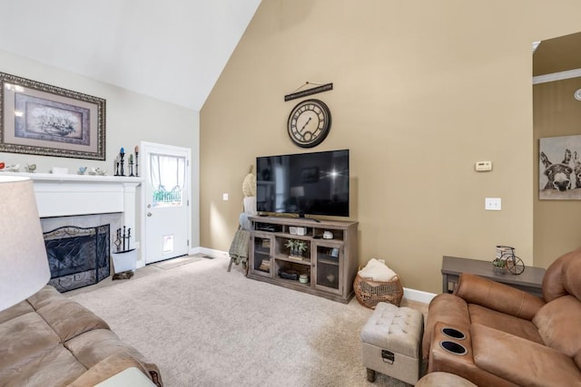 3125 Flatbottom Dr, Dacula, GA 30019 - living area featuring baseboards, carpet flooring, a fireplace, and high vaulted ceiling