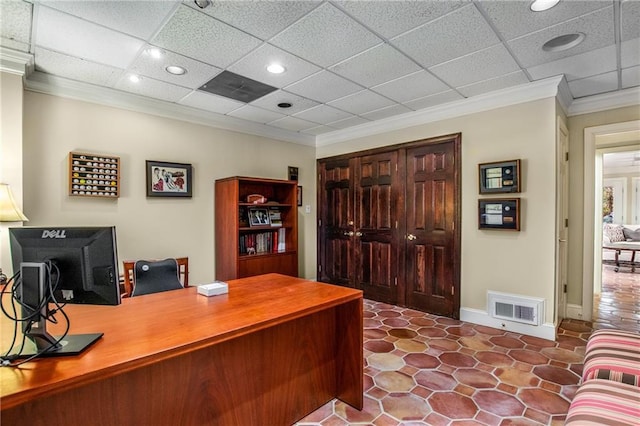 home office featuring a paneled ceiling, recessed lighting, visible vents, baseboards, and crown molding