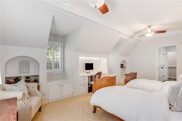 bedroom featuring lofted ceiling, ceiling fan, crown molding, and light colored carpet