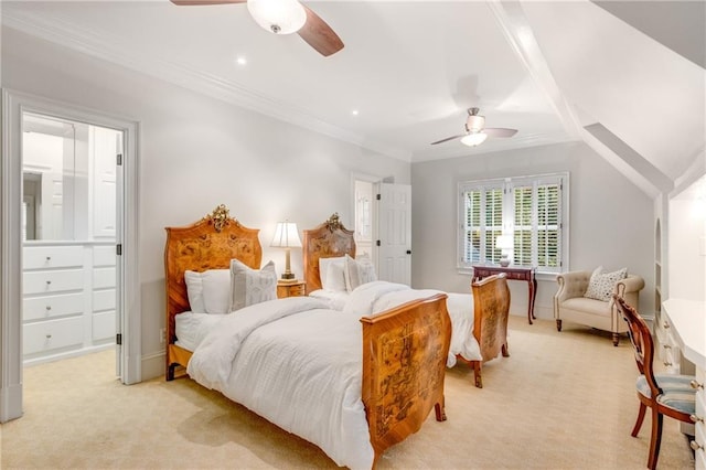 bedroom with ceiling fan, ornamental molding, recessed lighting, and light colored carpet