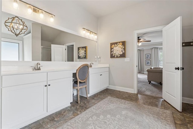 406 Dunaway Ct, Grayson, GA 30017 - full bath featuring healthy amount of natural light, double vanity, a chandelier, and a shower with door