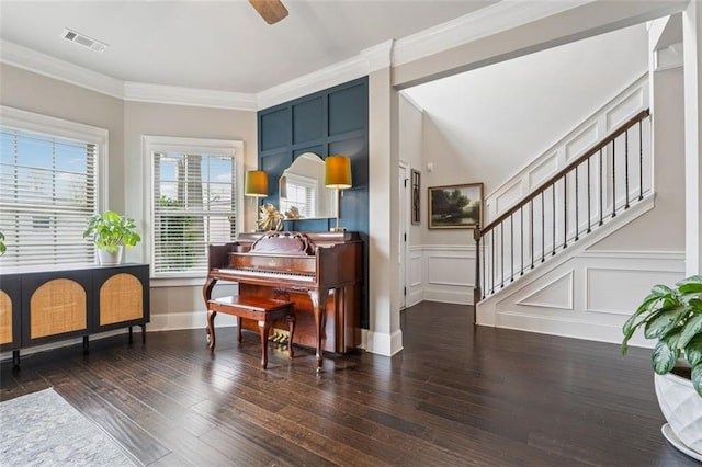 406 Dunaway Ct, Grayson, GA 30017 - sitting room featuring a decorative wall, stairway, hardwood / wood-style floors, ornamental molding, and a ceiling fan